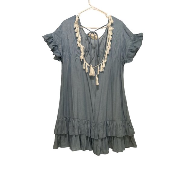 Mulla Fringe Tunic Dress Womens Large Blue Tassel Scoopback Tiered Hem Bohemian - Picture 3 of 14